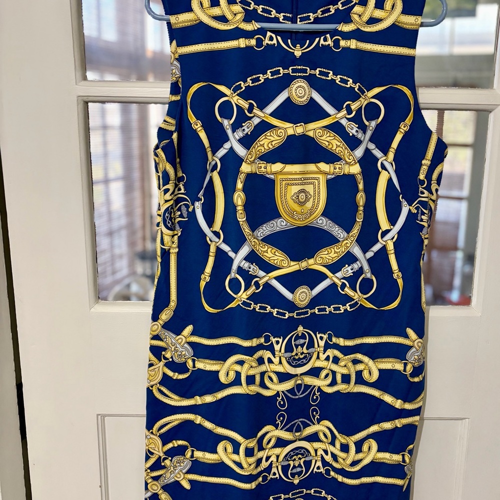 J. McLaughlin Navy and Gold Chain-Print Sleeveless Dress